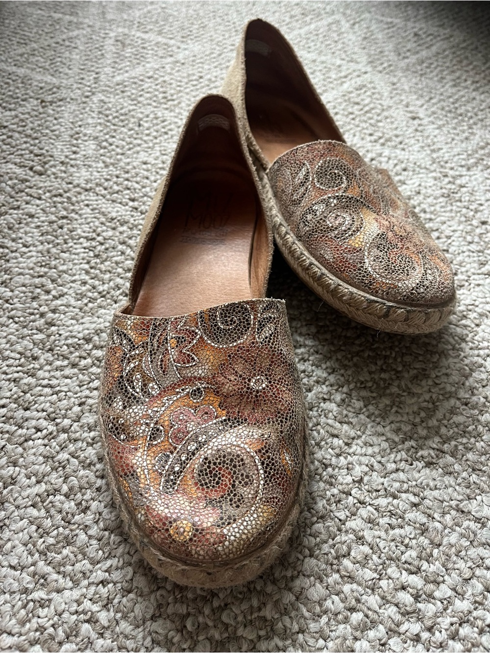 Miz Mooz leather Woven Espadrille Slip-On Flats in Metallic Brown Pattern Sz 10